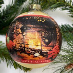 VINTAGE HALLMARK ORNAMENT Fireplace Scene Ornament Glass Ball 1980 Estate Find